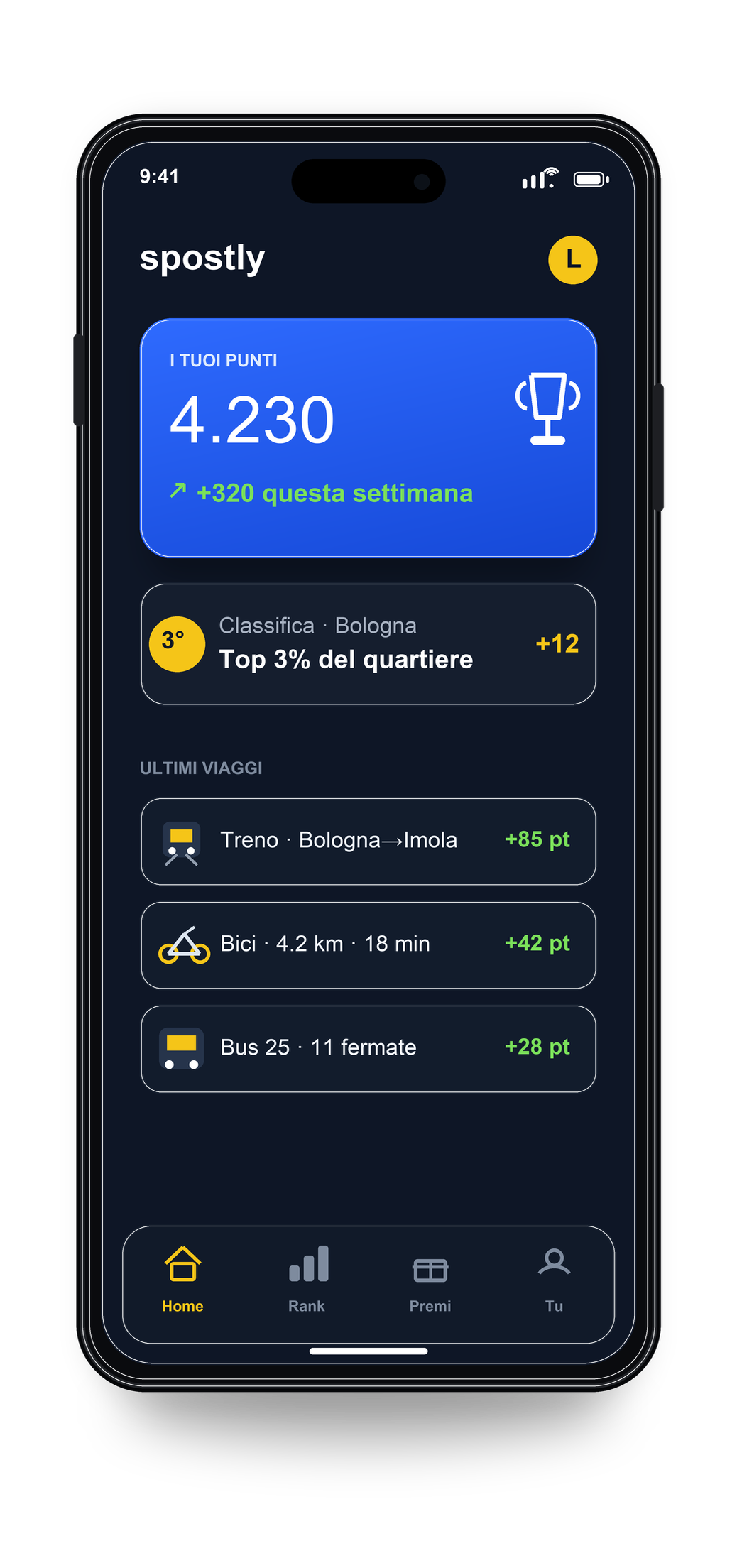 Anteprima app spostly con punti, classifica e viaggi